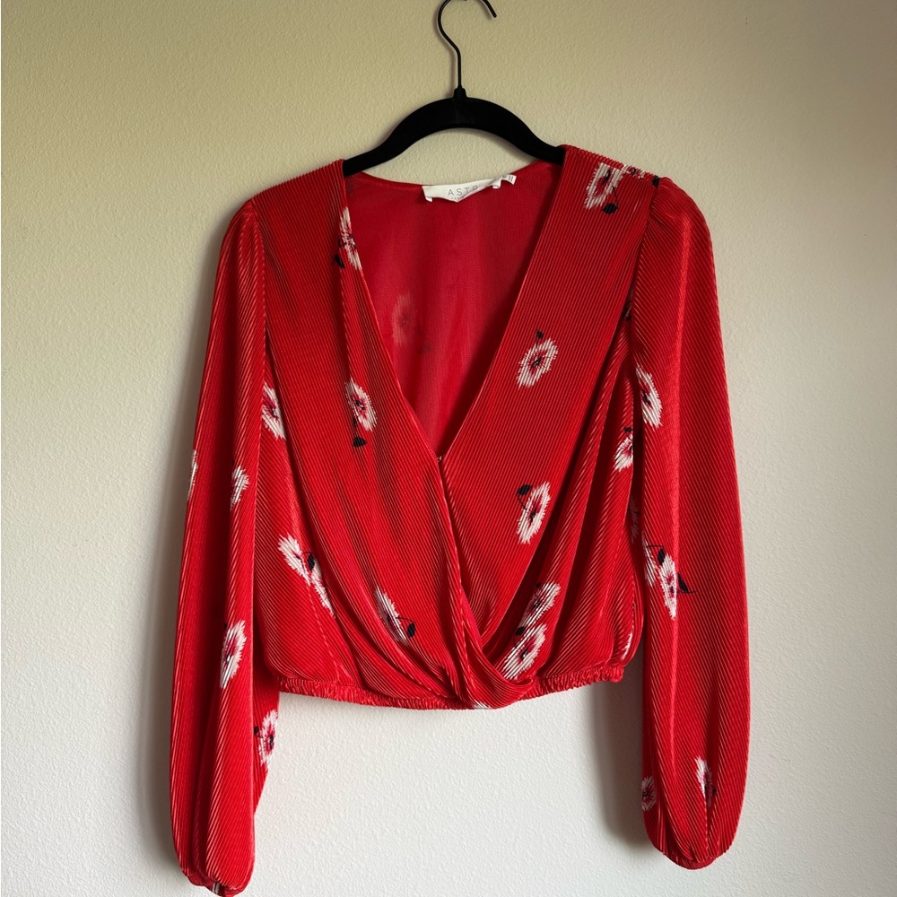Astr Red Long Sleeve Wrap Crop Blouse